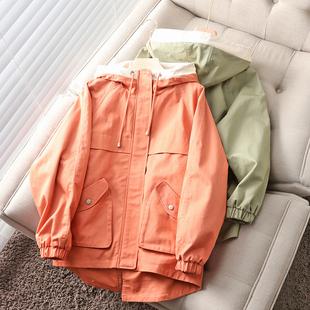 纯棉质地宽松短外套~女橘色，韩版夹克休闲工装上衣流行小个子风衣