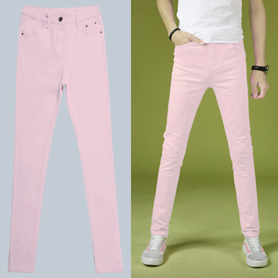 男士牛仔裤2023修身铅笔小脚，弹力韩版休闲裤，粉色纯色长裤