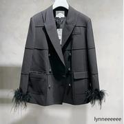 revan时尚气质，袖子鸵鸟毛黑分割西装外套sn70101654-2490