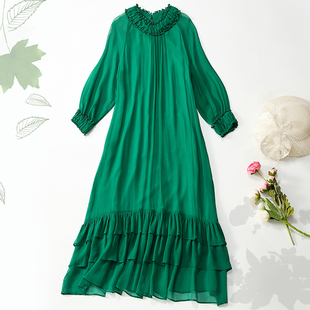 法式复古欧美大牌气质，高贵绿色桑蚕丝，真丝春装连衣裙真丝大码