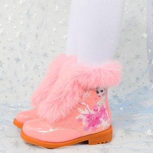 女童靴真毛爱莎公主靴2021秋冬季冰雪奇缘儿童短靴加绒软底雪地鞋