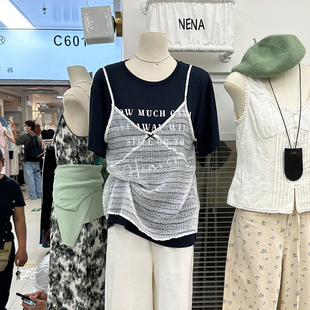十三行女装2024夏款时髦印花短袖T恤透视吊带背心两件套减龄套装