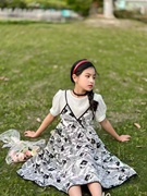 女孩子大童装儿童夏天韩版假两件吊带，青少年时尚报纸雪纺连衣裙子