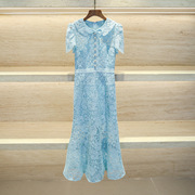 法式小众设计感连衣裙蓝色水溶蕾丝镂空高腰短袖娃娃领长裙