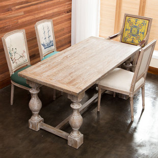 欧式圆形实木餐桌美式乡村，桌复古做旧原木，简约松木长方形桌椅组合