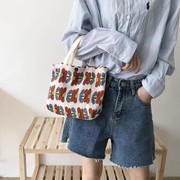 韩国ins小清新可爱小布包，女印花手提包便当，包手拎包上班上学便携