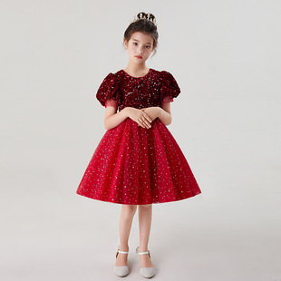 女童短袖晚礼服网纱蓬蓬，短款公主裙甜美表演主持节目红色连衣裙