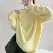 秋冬宽松慵懒风圆领针织上衣，外穿很仙的马海毛套头，黄色毛衣女(毛衣女)
