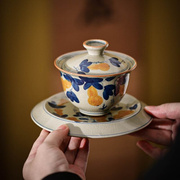 茶具古汝窑盖碗茶杯大号三才茶碗带盖老陶泥手绘盖碗单个不烫手泡