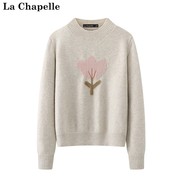 拉夏贝尔lachapelle冬款泡泡，袖圆领上衣，温柔花朵套头短款针织衫