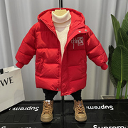 男童棉服冬季中长款加厚棉袄2022红色中国宝宝，儿童羽绒棉外套
