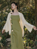 春秋新中式女装改良日常汉服绿色吊带连衣裙国风套装防晒开衫通勤