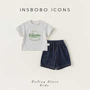insbobo儿童套装休闲条纹，男童t恤短裤两件套时尚，女童夏装2024