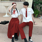 短袖男女白色衬衫红色裤子半身裙制服套装初高中小学生毕业班服夏