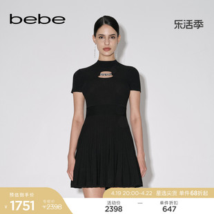 bebe秋冬系列女士，时尚纯色立领钻饰镂空短袖，针织连衣裙330901