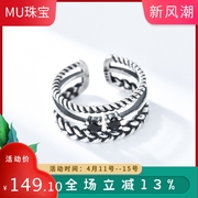 s925纯银个性创意双层戒指日韩风复古做旧编织麻花食指戒
