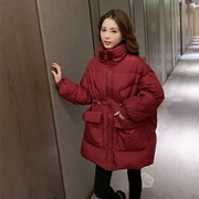 棉服外套女冬季韩版立领中长款大衣抽绳羽绒棉衣加厚保暖棉袄
