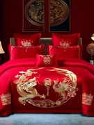 新婚庆(新婚庆)大红色，四件套天丝棉绣花被套结婚礼，家纺床上用品1.51.8床