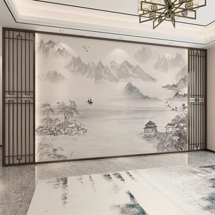 新中式电视背景墙壁纸墙布，意境沙发卧室，客厅影视墙墙纸山水水墨画
