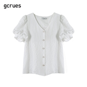 gcrues泡泡袖V领衬衫女白色春夏简约衬衣韩版单排扣上衣短袖
