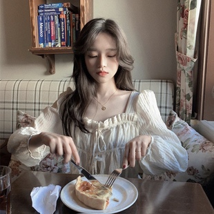 Bonjour 公主殿下~法式小方领 浪漫绑带衬衫 韩国复古软妹长袖女