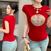 夏季女修身显瘦红色圆领短袖T恤短款中式盘扣龙纹刺绣贴布上衣潮