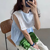韩国chic夏季减龄穿搭圆领，无袖条纹娃娃衫，拼接钩花镂空大翻领衬衫