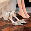 银色高跟鞋女珍珠一字带蝴蝶结中空凉鞋水晶新娘婚鞋尖头细跟单鞋
