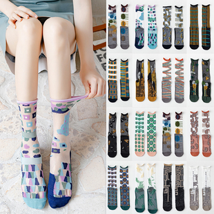 夏季日韩时尚不对称条几何线条仙女气质中筒玻璃丝卡丝袜AB袜
