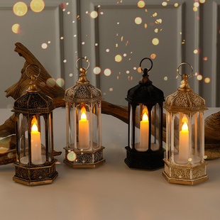 圣诞节装饰品六角蜡烛小风灯摆件道具，酒吧场景布置手提火焰灯