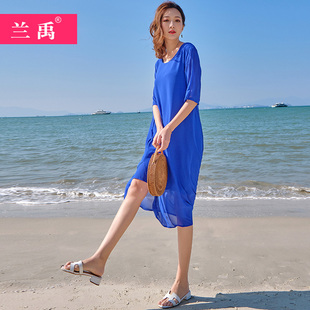 裙子女2024夏季蓝色雪纺连衣裙，海边度假宽松气质沙滩长裙超仙