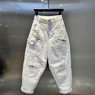 白色牛仔工装裤2023夏季欧货高腰，大版型遮肉九分老爹裤垮裤女