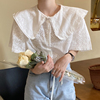 韩国chic夏季法式减龄娃娃领镂空钩花设计宽松百搭短袖衬衫上衣女