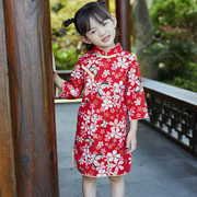 女童旗袍中国风春秋长袖改良纯棉复古唐装红色礼服修身儿童连衣裙