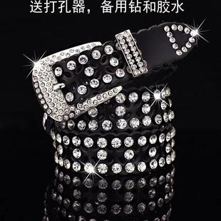 闪钻皮带女士真皮水钻镶钻黑色装饰牛仔裤二层牛皮y2k时尚宽腰带