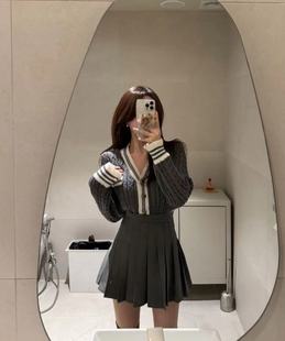 韩国东大门针织衫套装麻花编织V领减龄小香风开衫半裙两件套