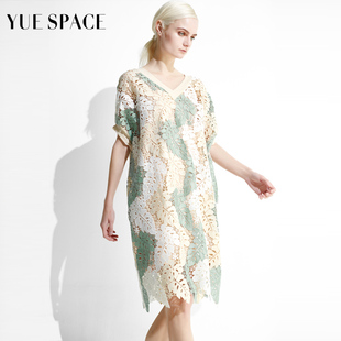YUESPACE镂空印花蕾丝衫宽松长款女士套头衫短袖夏季时尚遮肉显瘦
