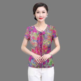 凯斯曼中老年女装妈妈夏季短袖台湾网纱上衣，修身速干薄款花色t恤