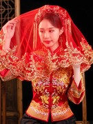 新娘红色头纱结婚礼服秀禾服中式复古风短款蕾丝拍照头纱红色盖头