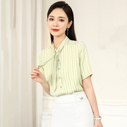 韩版时尚雪纺短袖女士条纹衬衫夏小清新绿色领带上衣气质显瘦通勤