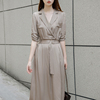 设计感小众西装领大牌连衣裙长裙2023夏咖灰色中袖高级感裙子