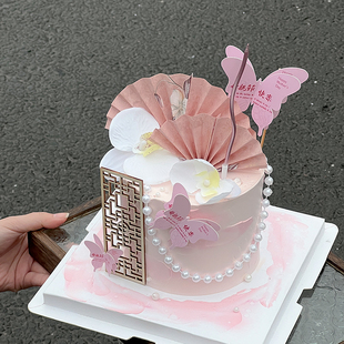 2024母亲节新中式国风，蛋糕装饰品母亲节快乐立体蝴蝶，扇子屏风插件