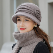 毛线帽子女秋针织帽，冬天中老年人妈妈洋气，百搭保暖围巾两件套