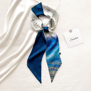 星空蓝色丝巾法式发带，女小长条绑发绑包手柄，飘带腰带春秋细窄领巾