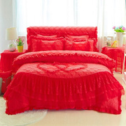 婚庆大红色公主风床单四件套加厚夹棉床裙蕾丝花边床罩被套4