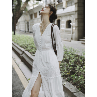 TAIYANG自制 原创复古法式V领连衣裙长款开叉重磅水溶蕾丝裙白色