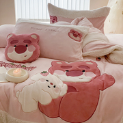 卡通加厚牛奶绒四件套贴布绣床上用品拼接羊羔绒粉色可爱儿童床单