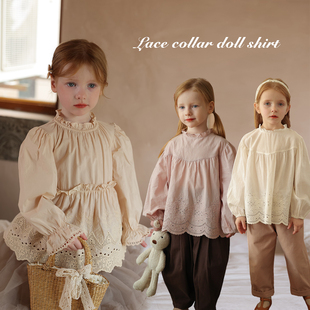 女童韩系小众气质镂空花边领娃娃衫宝宝，幼儿园纯棉长袖衬衫衬衣