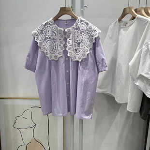 夏季休闲蕾丝边领气质女上衣高级感开襟淡紫色娃娃版短袖衬衫