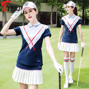 夏季高尔夫球服装 女士短袖T恤V领后纽扣领运动休闲Polo衫上衣服